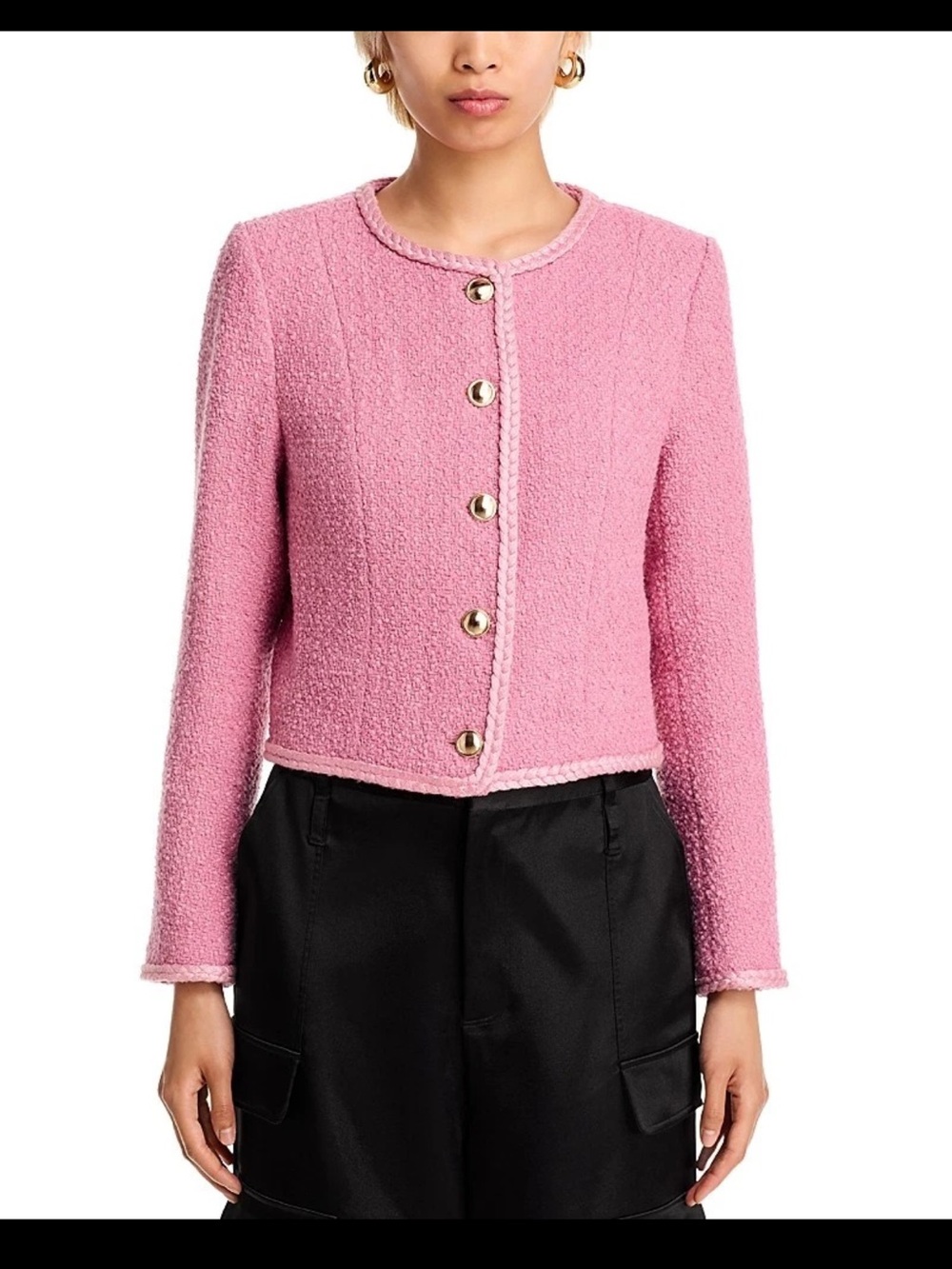 Pink Bouclé Button-Front Cropped Jacket